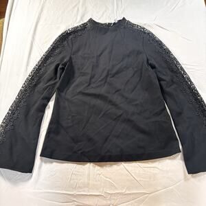 $395 NWT Pearl by LELA ROSE Ponte Knit LACE Detail Top Black Viscose Sweater S